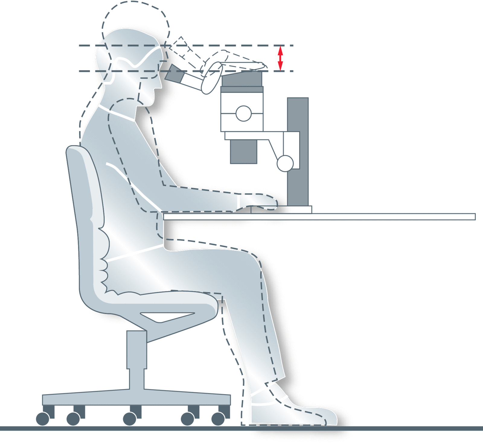 Рисунок 3: Окулярные трубки ErgoTube позволяют пользователю держать тело и голову в расслабленном положении с хорошей поддержкой рук и достаточным пространством для ног, а также сидеть в кресле в удобном положении.